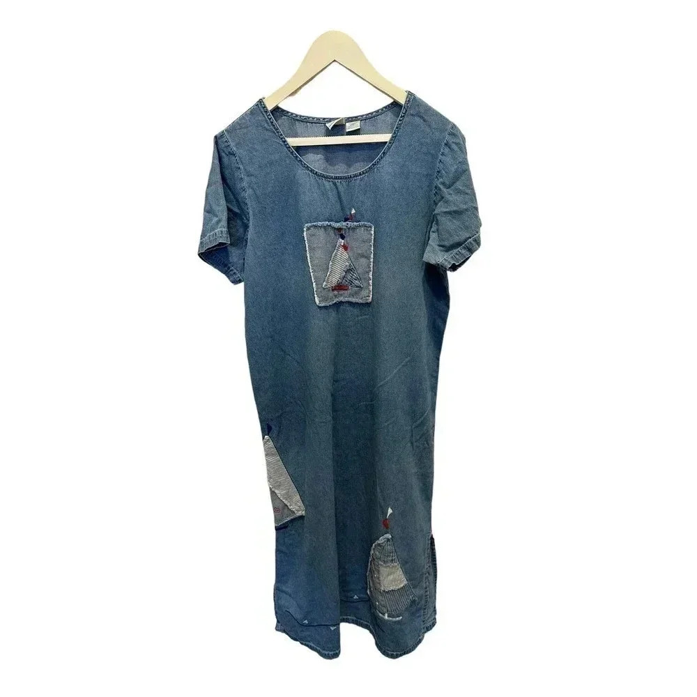 Vintage Bleu Bayou Blue Denim Patchwork Embroidered‎ Short Sleeve Midi Dress L